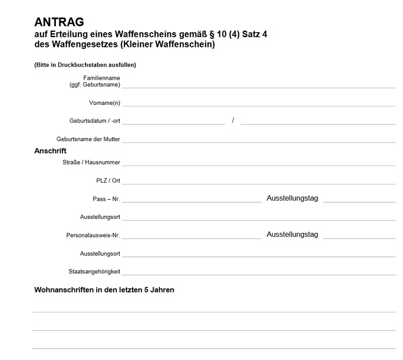 Antragsformular auf Erteilung eines Waffenscheins